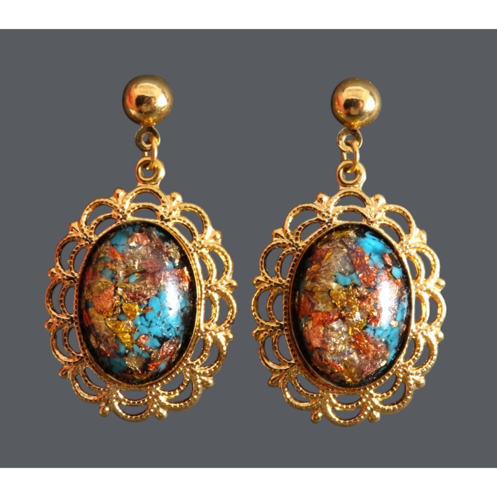 VTG Gold Tone CAMEO Shaped Dangle Earrings RAINBOWFLAKE Turquoise Blue Copper